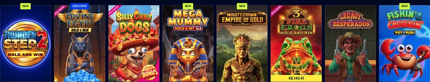 A selection of Betscore slot artwork including Thunder Step 2 and Divine Egypt